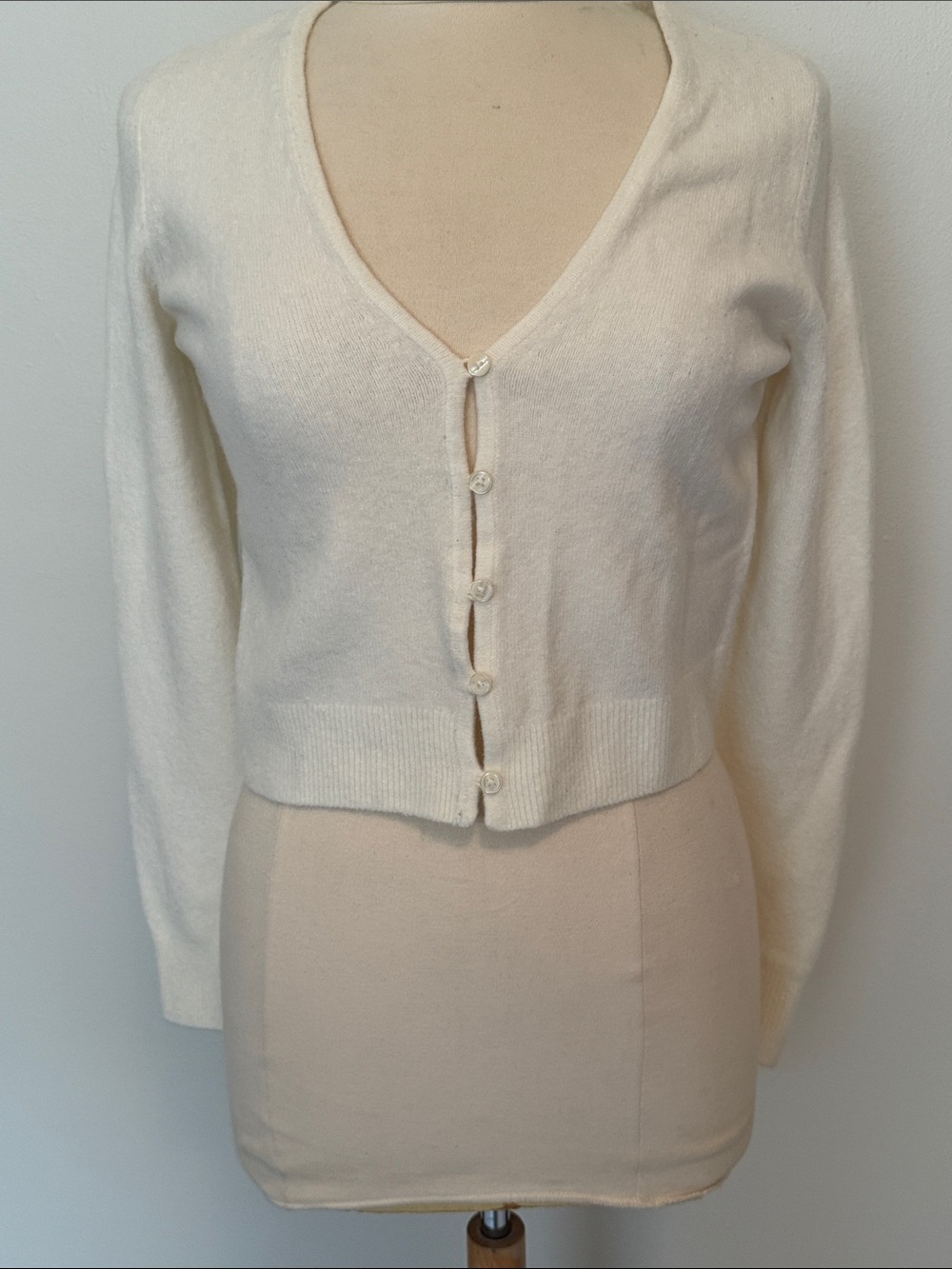 LOFT Cream Cropped Button-Front V-Neck Cardigan